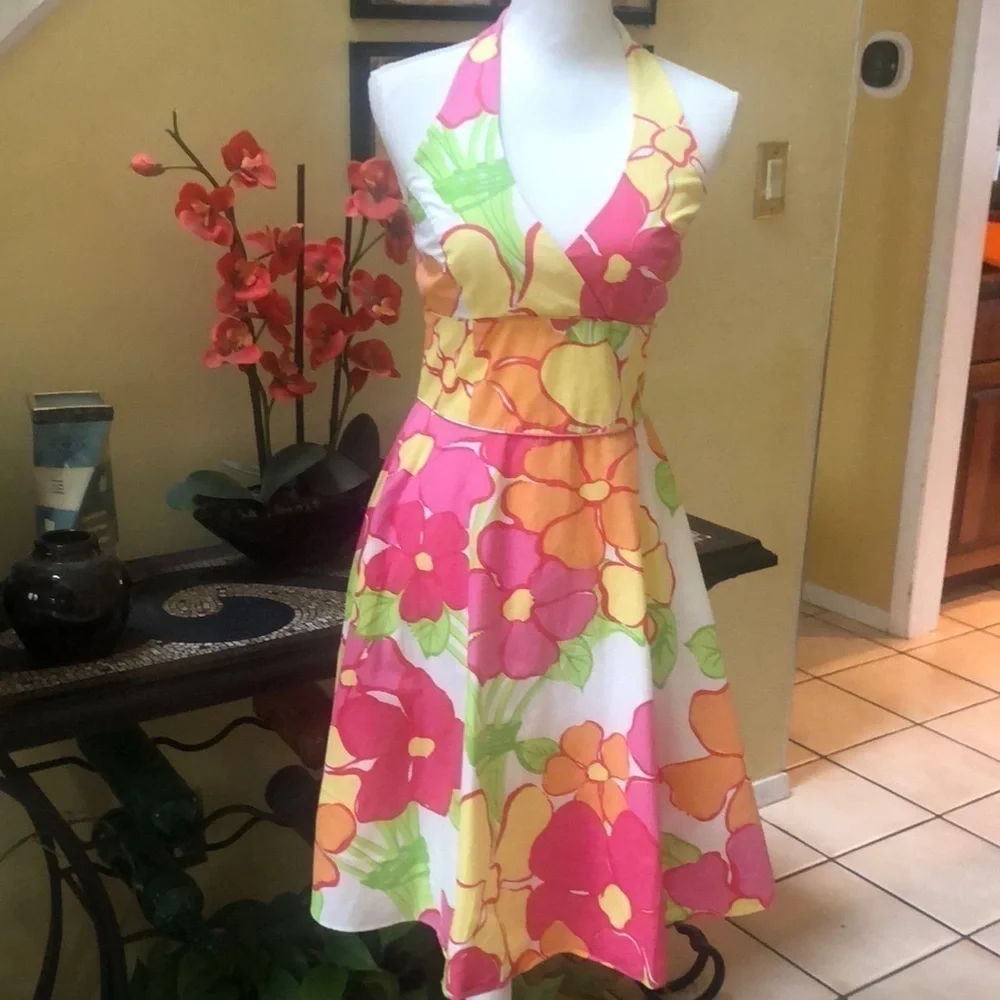 Lilly Pulitzer🚫SOLD🚫White Label Vintage Floral Midi Halter Tie A line Dress - Picture 2 of 15
